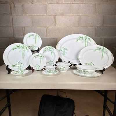 (82pc) Noritake Bamboo And Gold Trimmed China Set | Including: 2 Platter, attached gravy boat, 11 dinner plates, 11 bowls, 11 saucers, 11...