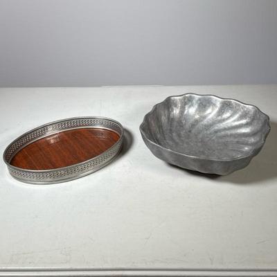 Pierced Gallery Tray & Sculptural Bowl | Small metal rimmed veneer tray. Pewter-like bowl by Wilton Armetale of Mt. Joy, PA....