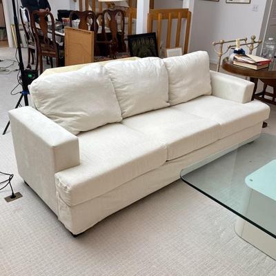 ANTIQUE QUEEN ANN WALNUT FOOTSTOOL | Contemporary three cushion sofa with off-white chenille upholstery, with loose back cushions and a...