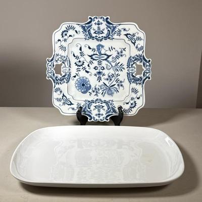 (2pc) Serving Platters | Including a porcelain “Blue Danube” square platter with openwork handles and a fancy floral blue and white...