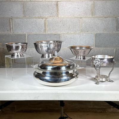 (5pc) Miscellaneous Silver Plate Serving Pieces | Including a covered serving dish by Kent Silversmiths with Pyrex dish, 3 serving bowls,...