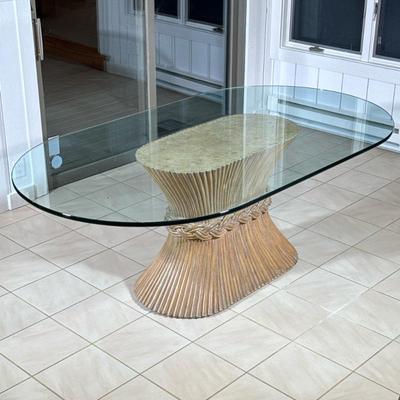 McGUIRE RATTAN & GLASS PEDESTAL DINING TABLE, ORGANIC MID CENTURY | Classic McGuire design with signature wheat sheaf pedestal base,...