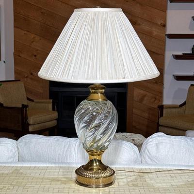 Glass & Brass Table Lamp | Of swirled design; lamp base dia. 6.5 Dimensions: h. 28.5 x dia. 19.25 in (overall, with shade)
