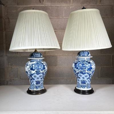 Pair Chinese Blue & White Ginger Jar Lamps | Covered jars or urns, mounted and electrified as table lamps, with blue and white...