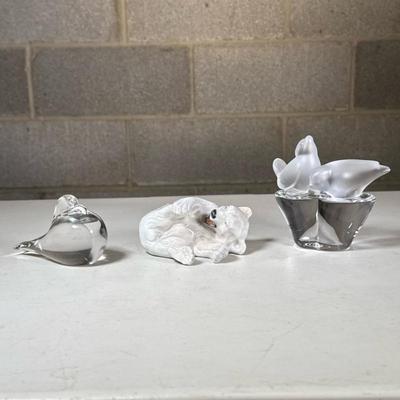 (3pc) Lalique France Frosted Glass Figurines | Frosted (satine) glass figures, including a woman with swan, a fish, and a mermaid on a...