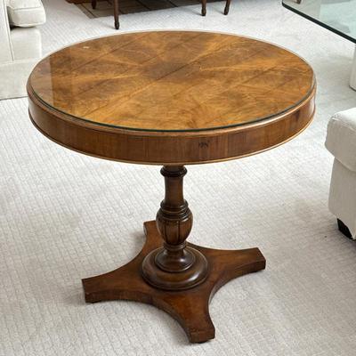 Pedestal Table with Bookmatched Top & Glass Covering | Round center hall table wood table with nicely figured wood and a glass top...