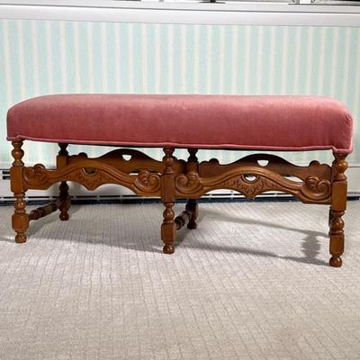 Velvet Upholstered Wooden Bench With Carved Apron | Supported by turned legs Dimensions: h. 19 x w. 15 x l. 42 in
