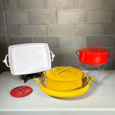 (5pc) Dansk Designs Mid-Century Cookware | Mid-century modern Dansk enamel cookware, including one large covered pot and one smaller...