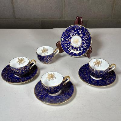 (8pc) Minton China Demitasse Cups & Saucers Made In England | Dark cobalt blue ground with gold vines and handle, with gold embossing...