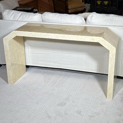 Bone Mosaic Console Table | Sculptural console / sofa table inlaid with cream-colored bone tiles, marked on the underside, "Made in...