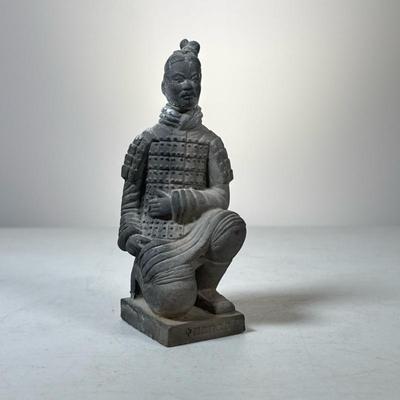 Chinese Pottery Tomb Figure | A gray terracotta warrior figure in a kneeling position, in the Xi'an style, with Chinese characters...