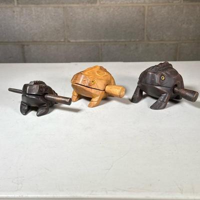 (3pc) Carved Wood Frog Guiros | Percussion frogs of varying sizes - h. 3 x l. 4.5 in (largest, frog only)
