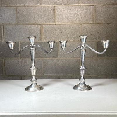 (2pc) Gorham Sterling Candelabra | Weighted sterling silver Gorham candlestick holders, three lights - : h. 11.5 x w. 11 x d. 5 in
