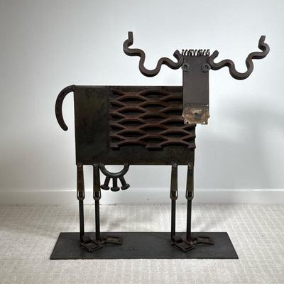 VINTAGE BILL HEISE WHIMSICAL METAL COW SCULPTURE | Heavy rod iron artwork of a cow signed by the artist, Heise; assembled from repurposed...