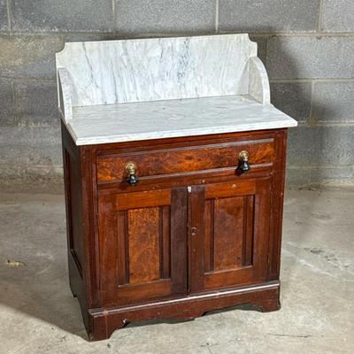 Vintage Dry Sink With Marble Top | White marble top and backsplash, having unique drawer pulls on top full-width drawer, over two doors...