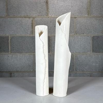 (2pc) Unique Hand Made Ceramic Bud Vases | Signed on bottoms, very delicate ceramic Dimensions: h. 12 x dia. 2 in
