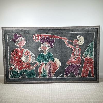 African Batik-Style Textile Art | Large framed decorative textile, likely batik or other dyed fabric, showing three figures dressed in...