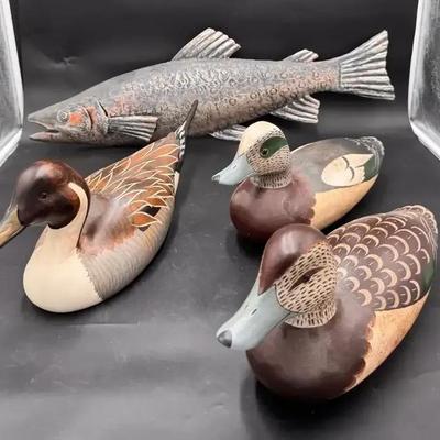Wood Duck and Fish Figurines, Qty 4