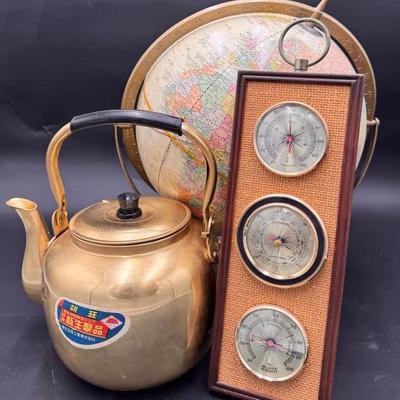 Vintage Kettle, Globe, and Weather Station, Qty 3