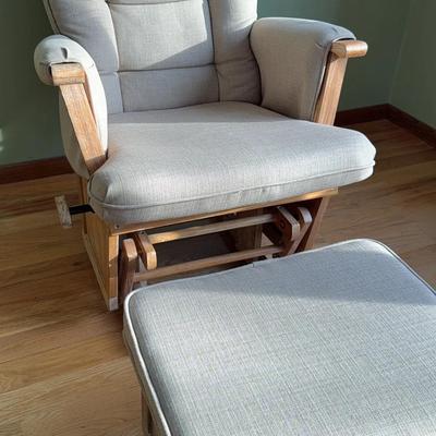 Natural Wood Glider Chair with Beige Seats & Ottoman 