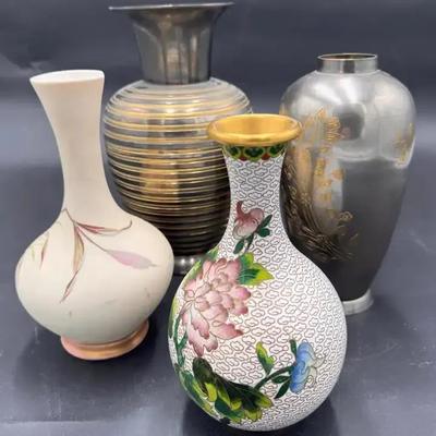 Cloisonne and Metal Vases, Qty 4