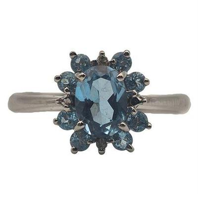10K White Gold Blue Topaz & Diamond Ring