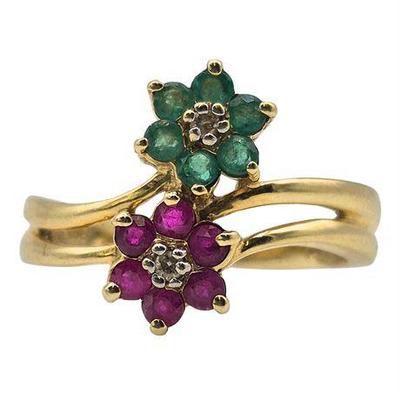 Lot 010  
10K Yellow Gold Ruby, Emerald & Diamond Flower Ring
