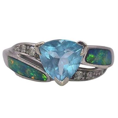 Lot 001   
14K White Gold Blue Opal & Swiss Blue Topaz Ring
