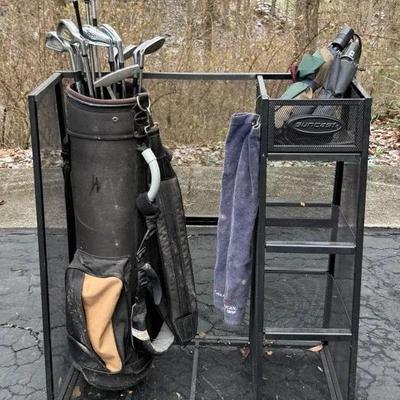 Golf Clubs & Storage W/ Titleist DTR Irons, Roll Face Putter, Suncast Rack ++