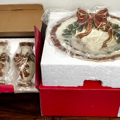 Vintage Fitz And Floyd Christmas Essentials, Candy Bowl & Candle Holders