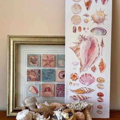 Seashell Decor W/ Print, Poster, & Basket Full Of Small Pieces