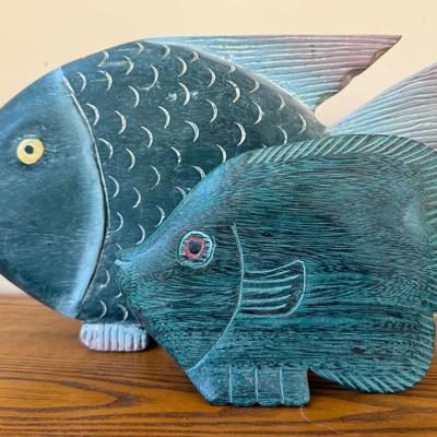 Pair (2) Carved Wooden Tropical Fish From Thailand, Vintage