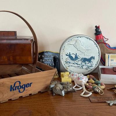 Vintage Collectibles w/ Kroger Basket, Butterflies, Baby Items, Casters, Bag ++