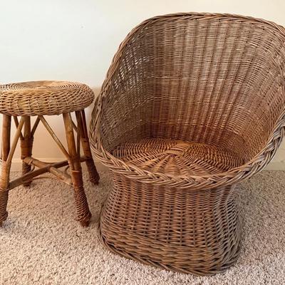 MCM Wicker Barrel Or Bucket Chair, Plus Side Table/Stool