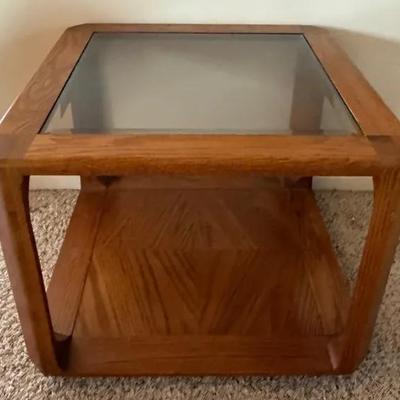 MCM Oak & Glass Top Side Table By Mersman