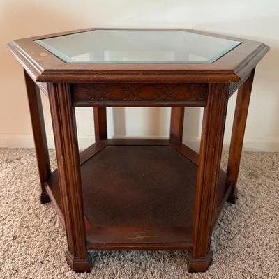 MCM Hexagonal Side Table W/ Carved Details & Glass Top