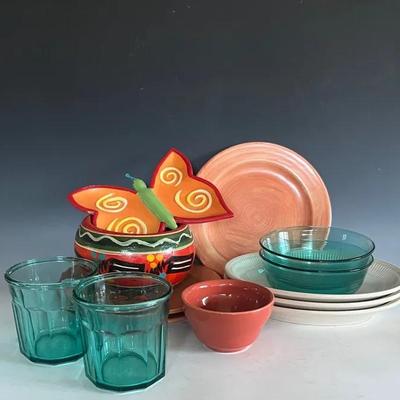 Colorful Ceramic Dinnerware with Mexican Pot
