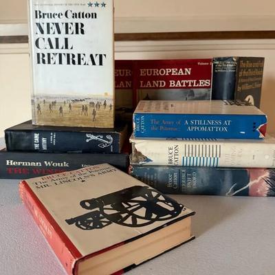 Vintage Hardback Books On War (10) w/ Bruce Catton, Herman Wouk, Etc