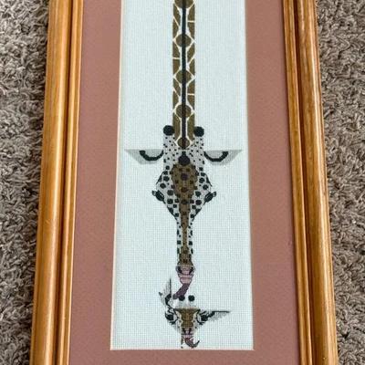 Vintage Framed Giraffe Cross-Stitch, In The Style Of Charley Harper