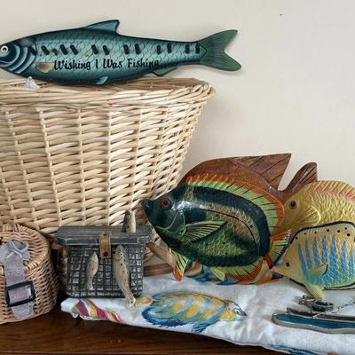Fish Decor w/ Basket, Shells, Figurines, Shower Curtain ++