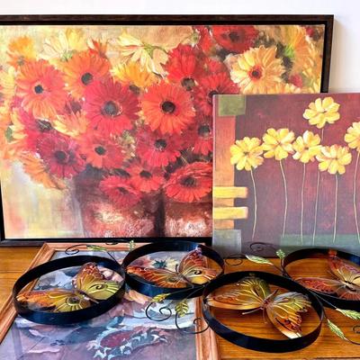 Warm Florals & Metal Butterfly Home Wall Decor (4 Pieces)