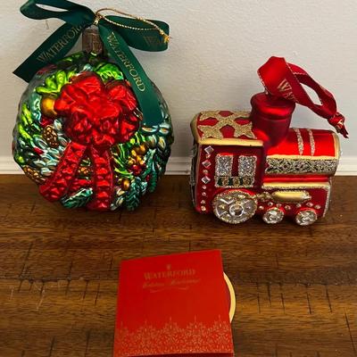 2 - Waterford Christmas Ornaments, Wreath & Train