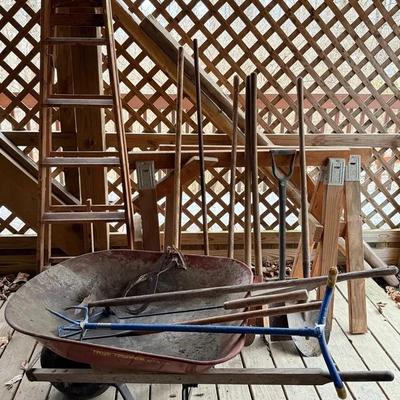 Handmade Wood Sawhorses (2), Ladder, Wheelbarrow, Yard Tools