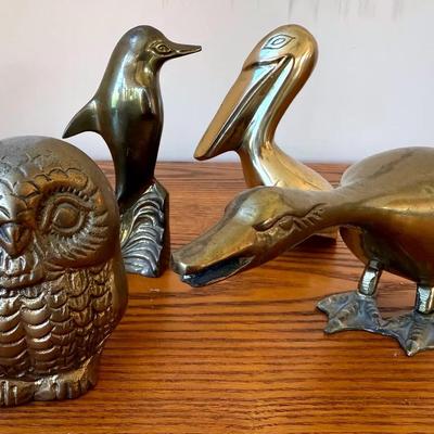 Vintage Brass Figurines (4) w/ Owl, Goose, Pelican, Dolphin