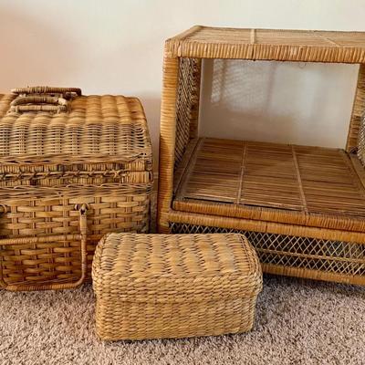Wicker Side Table, Plus Baskets W/ Handled Picnic & Other 