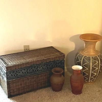 Decorative Pottery Vases and Wicker Storage Trunk