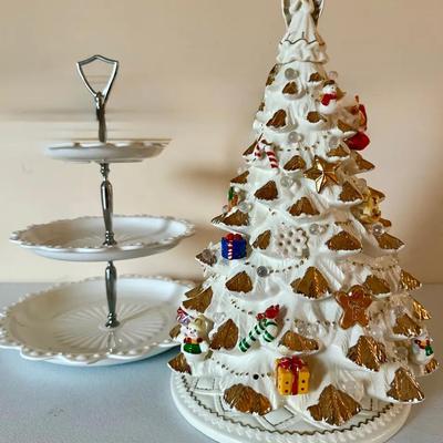 Ceramic Christmas Tree (Lenox?) For Parts/Repair + California Pottery Tiered Tray