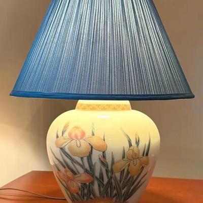 Ceramic Asian Table Lamp, Painted Irises W/ Gold Accents 