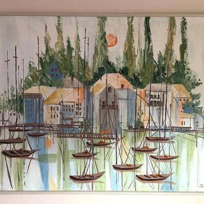 MCM Oil Painting On Canvas By Dennis Blair, Harbor Scene, Large
