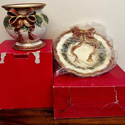 Vintage Fitz And Floyd Christmas Essentials, Candy Bowl & Candle Pillar